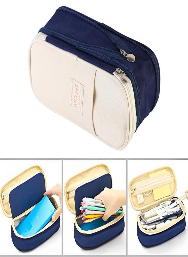 Qolixs Nylon Large Capacity Pencil Case, Durable Storage Multiple Compartment Double Zipper Portable Capacity Pencil Pouch for College Student Teen (22X11Cm) (Navy Blue) - Image 4